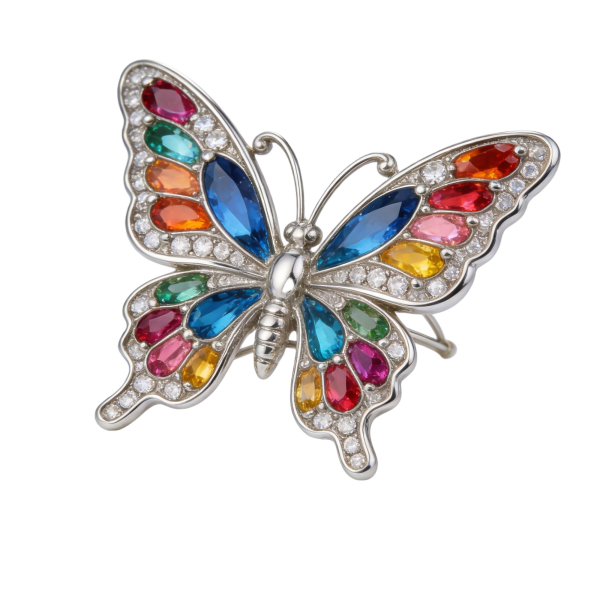 Silver-Tone Multi-Color Crystal Butterfly Brooch
